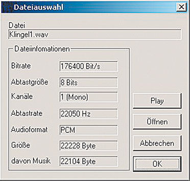 Bild 4: Dateiauswahl-Fenster mit Informationen zum Audiofile Bild 4: Dateiauswahl-Fenster mit Informationen zum Audiofile