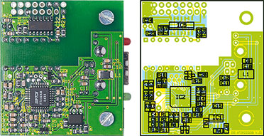 USB-Platine mit Bestückungsplan, oben von der Platinenoberseite, unten von der SMD-Seite