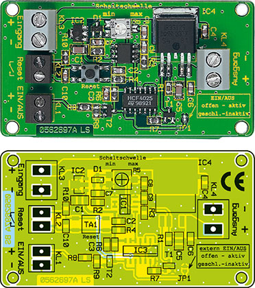Ansicht der fertig bestückten Platine der Elektronischen Sicherung mit zugehörigem Bestückungsplan Ansicht der fertig bestückten Platine der Elektronischen Sicherung mit zugehörigem Bestückungsplan