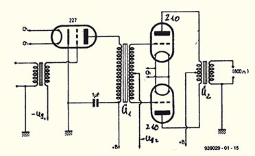 Bild 4: Schaltbild einer Gegentaktendstufe von 1930 (Quelle: Elektor) Bild 4: Schaltbild einer Gegentaktendstufe von 1930 (Quelle: Elektor)