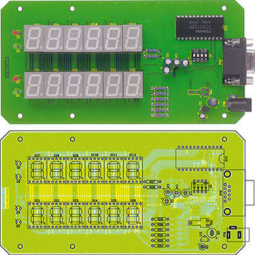 Ansicht der fertig bestückten Platine des 7-Segment-Displays mit zugehörigem Bestückungsplan von der Bestückungsseite Ansicht der fertig bestückten Platine des 7-Segment-Displays mit zugehörigem Bestückungsplan von der Bestückungsseite