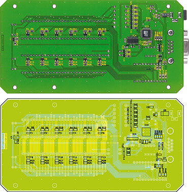 Ansicht der fertig bestückten Platine des 7-Segment-Displays mit zugehörigem Bestückungsplan von der Lötseite Ansicht der fertig bestückten Platine des 7-Segment-Displays mit zugehörigem Bestückungsplan von der Lötseite