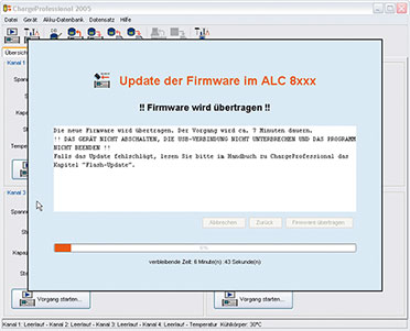 Bild 9: Die Firmware im ALC wird upgedatet; auch diese Funktion kann bequem von ChargeProfessional aus gestartet werden. Bild 9: Die Firmware im ALC wird upgedatet; auch diese Funktion kann bequem von ChargeProfessional aus gestartet werden.