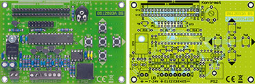 Ansicht der fertig bestückten Platine der LCD-Steuerung mit zugehörigem Bestückungsplan