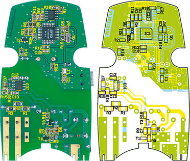 Ansicht der fertig bestückten Platine des USB-Master-Slave mit zugehörigem Bestückungsplan, oben von der Bestückungsseite, unten von der Lötseite Ansicht der fertig bestückten Platine des USB-Master-Slave mit zugehörigem Bestückungsplan, oben von der Bestückungsseite, unten von der Lötseite