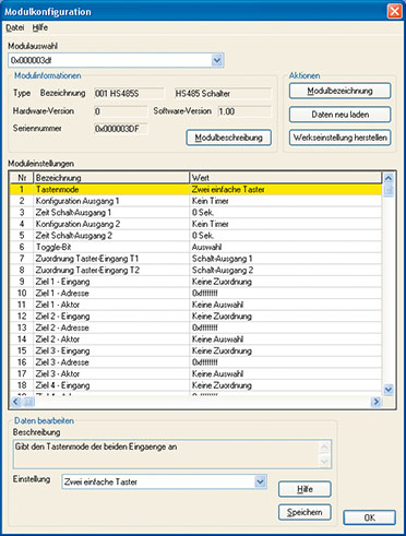 Bild 1: Das Programmfenster des Konfigurationsprogramms. Hier ist beispielhaft die Konfiguration für einen HS485 S gladen Bild 1: Das Programmfenster des Konfigurationsprogramms. Hier ist beispielhaft die Konfiguration für einen HS485 S gladen