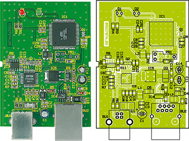 Ansicht der fertig bestückten Platine des PC-Interfaces mit zugehörigem Bestückungsplan Ansicht der fertig bestückten Platine des PC-Interfaces mit zugehörigem Bestückungsplan