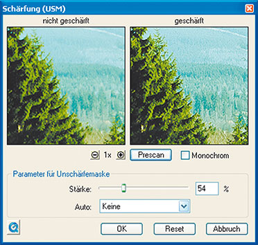 Bild 4: Silverfast kann mit zahlreichen Einstellungen die Qualität des eingescannten Bildes entscheidend verbessern – hier die Schärfung des Scans. Bild 4: Silverfast kann mit zahlreichen Einstellungen die Qualität des eingescannten Bildes entscheidend verbessern – hier die Schärfung des Scans.