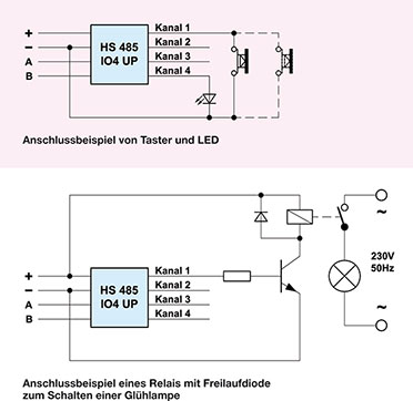 Bild 3: Anschlussbeispiele für die Beschaltung der I/O-Ports mit Tastern, LED und Relais-Schaltstufen Bild 3: Anschlussbeispiele für die Beschaltung der I/O-Ports mit Tastern, LED und Relais-Schaltstufen