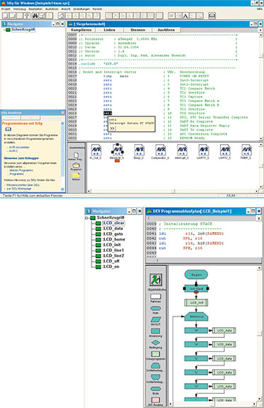 Bild 8: Die Programmieroberfläche von SiSy: Die beiden Beispiele zeigen die verschiedenen Programmiermethoden per Zeileneditor und per Programmablaufplan. Bild 8: Die Programmieroberfläche von SiSy: Die beiden Beispiele zeigen die verschiedenen Programmiermethoden per Zeileneditor und per Programmablaufplan.