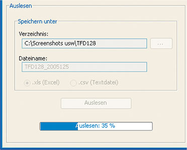 Bild 4: Der Fortschritt des Auslesens wird angezeigt, oben sind bereits Speicherort und Dateiname sowie Datenformat festgelegt. Bild 4: Der Fortschritt des Auslesens wird angezeigt, oben sind bereits Speicherort und Dateiname sowie Datenformat festgelegt.