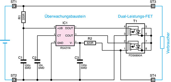 Bild 1: Schaltbild der Lithium-Polymer-Schutzschaltung Bild 1: Schaltbild der Lithium-Polymer-Schutzschaltung