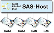 Bild 6: An einem SAS-Host kann man SATA- und SAS-Geräte gemischt betreiben. Bild 6: An einem SAS-Host kann man SATA- und SAS-Geräte gemischt betreiben.