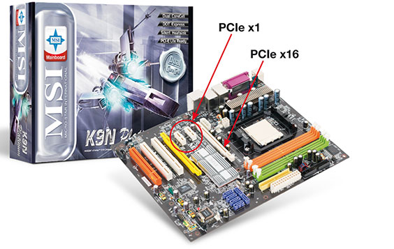 Bild 4: Ein modernes Motherboard verfügt heute mindestens über PCIe-x1- und -x16-Slots. Bild: MSI-Computer Bild 4: Ein modernes Motherboard verfügt heute mindestens über PCIe-x1- und -x16-Slots. Bild: MSI-Computer