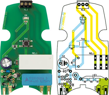 Ansicht der fertig bestückten Platine des SK 230 mit zugehörigem Bestückungsplan Ansicht der fertig bestückten Platine des SK 230 mit zugehörigem Bestückungsplan