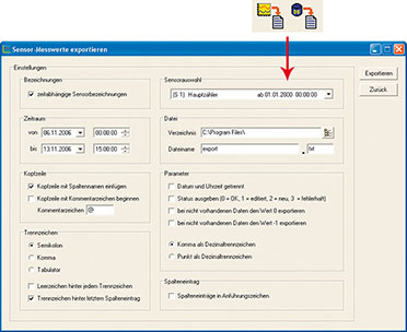 Bild 14: Im Exportfenster sind alle denkbaren Formatierungen für die Auswertung der Daten in anderen Programmen einstellbar. Bild 14: Im Exportfenster sind alle denkbaren Formatierungen für die Auswertung der Daten in anderen Programmen einstellbar.