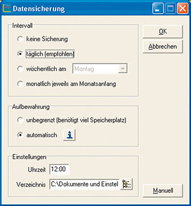 Bild 4: Das Einrichten der Backup- Parameter legt alle Einstellungen zur Datensicherung fest Bild 4: Das Einrichten der Backup- Parameter legt alle Einstellungen zur Datensicherung fest