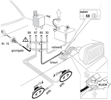 Bild 11: So werden Tagfahrleuchten und Relais verkabelt. Bild: inPro Bild 11: So werden Tagfahrleuchten und Relais verkabelt. Bild: inPro