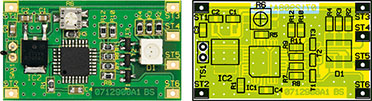 Fertig aufgebaute Platine (links) mit zugehörigem Bestückungsplan (rechts)