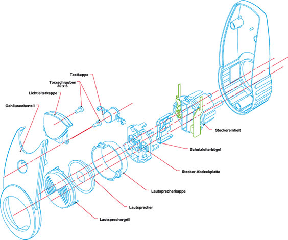 Bild 6: Der Zusammenbau des Steckdoseneinsatzes sowie von Lautsprecherabdeckung und Lautsprechergitter Bild 6: Der Zusammenbau des Steckdoseneinsatzes sowie von Lautsprecherabdeckung und Lautsprechergitter