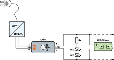 Bild 3: Die Anschlussbeschaltung des Kabeldimmers. Hier sind beide im Text beschriebenen LED-Anordnungen dargestellt. Bild 3: Die Anschlussbeschaltung des Kabeldimmers. Hier sind beide im Text beschriebenen LED-Anordnungen dargestellt.