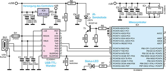 Bild 5: Die Schaltung des FS20 IRP mit den vier Bestandteilen Stromversorgung, USB/TTL-Wandler, Mikrocontroller und IR-Sender Bild 5: Die Schaltung des FS20 IRP mit den vier Bestandteilen Stromversorgung, USB/TTL-Wandler, Mikrocontroller und IR-Sender