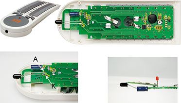 Bild 6: Die Montage der Fotodiode im Handsender FS20 S20-2 (neu). Die einzelnen Bilder zeigen das Verlöten der Dioden-Anschlüsse am Bestückungsplatz D 7 sowie das nötige Biegen der Anschlüsse und die Lage der Fotodiode im Gehäuse. Bild 6: Die Montage der Fotodiode im Handsender FS20 S20-2 (neu). Die einzelnen Bilder zeigen das Verlöten der Dioden-Anschlüsse am Bestückungsplatz D 7 sowie das nötige Biegen der Anschlüsse und die Lage der Fotodiode im Gehäuse.