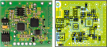Ansicht der fertig bestückten Platine des Mini- Sound-Moduls mit zugehörigem Bestückungsplan, oben von der Bestückungsseite, unten von der Lötseite