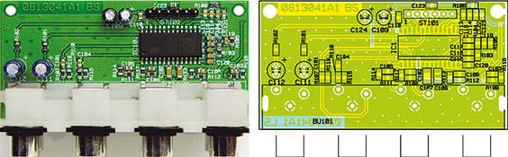Fertig bestückte Audio-Prozessoreinheit mit zugehörigem Bestückungsplan Fertig bestückte Audio-Prozessoreinheit mit zugehörigem Bestückungsplan