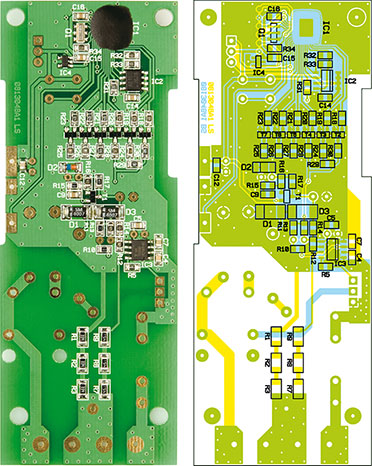 Fertig bestückter Dimmer mit zugehörigem Bestückungsplan, oben von der Bestückungsseite, unten von der Lötseite Fertig bestückter Dimmer mit zugehörigem Bestückungsplan, oben von der Bestückungsseite, unten von der Lötseite