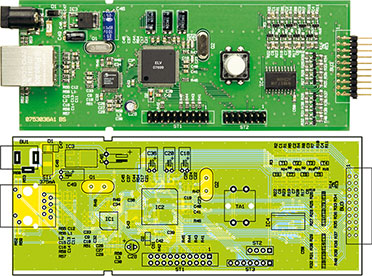 Ansicht der fertig bestückten Platine des IPIO 88 mit zugehörigem Bestückungsplan