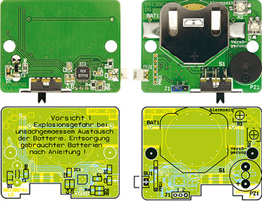 Ansicht der fertig bestückten Platine mit zugehörigem Bestückungsplan, links von der Lötseite, rechts von der Bestückungsseite