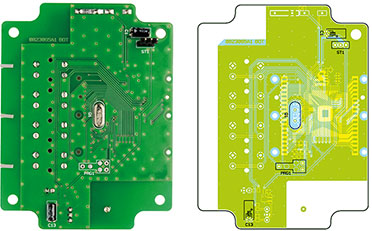 Ansicht der fertig bestückten Displayplatine mit zugehörigem Bestückungsdruck von der Lötseite Ansicht der fertig bestückten Displayplatine mit zugehörigem Bestückungsdruck von der Lötseite