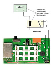 Bild 3: Anschlussschema für den Betrieb eines 230-V-Relais. Die Netzteilspannung muss der Relaisspulenspannung entsprechen. Bild 3: Anschlussschema für den Betrieb eines 230-V-Relais. Die Netzteilspannung muss der Relaisspulenspannung entsprechen.