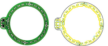 Fertig bestückte LED-Einheit mit zugehörigem Bestückungsplan, links von der Bestückungsseite, rechts von der Lötseite Fertig bestückte LED-Einheit mit zugehörigem Bestückungsplan, links von der Bestückungsseite, rechts von der Lötseite