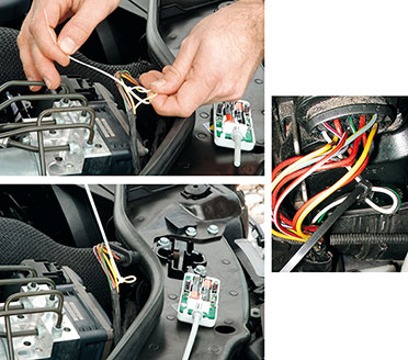 Bild 5: So wird die gewünschte Leitung aus dem Kabelbaum herausgenommen und mit dem Kabelbinder zu einer Schlaufe fixiert. Rechts ist bei einem weiteren Beispiel zu sehen, dass hier die Leitungen für Fernlicht und Blinker rechts zu einer Schlaufe zusammengefasst wurden Bild 5: So wird die gewünschte Leitung aus dem Kabelbaum herausgenommen und mit dem Kabelbinder zu einer Schlaufe fixiert. Rechts ist bei einem weiteren Beispiel zu sehen, dass hier die Leitungen für Fernlicht und Blinker rechts zu einer Schlaufe zusammengefasst wurden