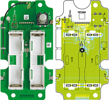 Ansicht der fertig bestückten Platine des Wassermelders mit zugehörigem Bestückungsplan von der Bestückungsseite Ansicht der fertig bestückten Platine des Wassermelders mit zugehörigem Bestückungsplan von der Bestückungsseite