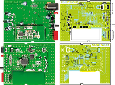 Ansicht der fertig bestückten Platine der FS20 IRF mit zugehörigem Bestückungsplan, oben in der Aufsicht, unten von der Unterseite Ansicht der fertig bestückten Platine der FS20 IRF mit zugehörigem Bestückungsplan, oben in der Aufsicht, unten von der Unterseite