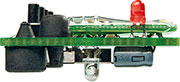 Bild 4: Seitliche Ansicht der Platine mit Anordnung von Leuchtdiode, Fototransistor und Funkmodul. Hier sind gut die Abstände von LED und Fototransistor zur Platine sowie das direkt aufl iegende Funkmodul zu sehen. Bild 4: Seitliche Ansicht der Platine mit Anordnung von Leuchtdiode, Fototransistor und Funkmodul. Hier sind gut die Abstände von LED und Fototransistor zur Platine sowie das direkt aufl iegende Funkmodul zu sehen.