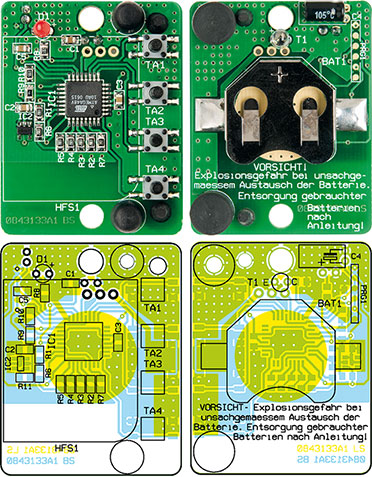 Ansicht der bestückten Platine des Mini-Lichtsensors (ohne Funkmodul) mit zugehörigem Bestückungsplan, links von der Oberseite, rechts von der Unterseite Ansicht der bestückten Platine des Mini-Lichtsensors (ohne Funkmodul) mit zugehörigem Bestückungsplan, links von der Oberseite, rechts von der Unterseite