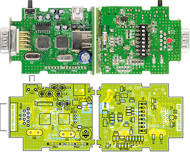 Ansicht der fertig bestückten Platine des SDU 1 mit zugehörigem Bestückungsplan, links von der Bestückungsseite, rechts von der Lötseite Ansicht der fertig bestückten Platine des SDU 1 mit zugehörigem Bestückungsplan, links von der Bestückungsseite, rechts von der Lötseite