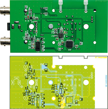 Ansicht der fertig bestückten Platine der DCF-OSD mit zugehörigem Bestückungsplan, oben von der Bestückungsseite, unten von der Lötseite (Originalgröße: 109,5 x 59,5 mm) Ansicht der fertig bestückten Platine der DCF-OSD mit zugehörigem Bestückungsplan, oben von der Bestückungsseite, unten von der Lötseite (Originalgröße: 109,5 x 59,5 mm)