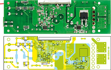 Ansicht der fertig bestückten Platine des FS20 HLD mit zugehörigem Bestückungsplan, oben von der Bestückungsseite, unten von der Lötseite Ansicht der fertig bestückten Platine des FS20 HLD mit zugehörigem Bestückungsplan, oben von der Bestückungsseite, unten von der Lötseite