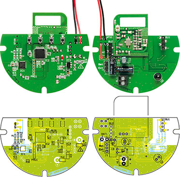 Links: Ansicht der Basisplatine von der SMD-Seite mit Bestückungsplan, Rechts: Ansicht der Basisplatine von der Unterseite mit Bestückungsplan Links: Ansicht der Basisplatine von der SMD-Seite mit Bestückungsplan, Rechts: Ansicht der Basisplatine von der Unterseite mit Bestückungsplan