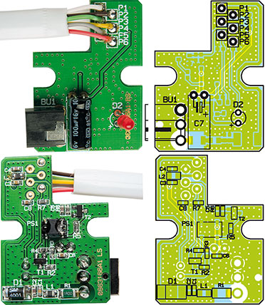 Platine der IR-Lichtschrankeneinheit mit Bestückungsplan, oben von der Oberseite, unten von der SMD-Seite Platine der IR-Lichtschrankeneinheit mit Bestückungsplan, oben von der Oberseite, unten von der SMD-Seite