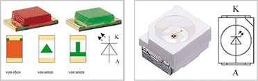 Bild 4: Ansicht und Anschlussbelegung typischer SMD-LEDs Bild 4: Ansicht und Anschlussbelegung typischer SMD-LEDs
