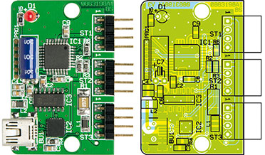 Ansicht der fertig bestückten Platine des USB-I2C-Interfaces mit zugehörigem Bestückungsplan