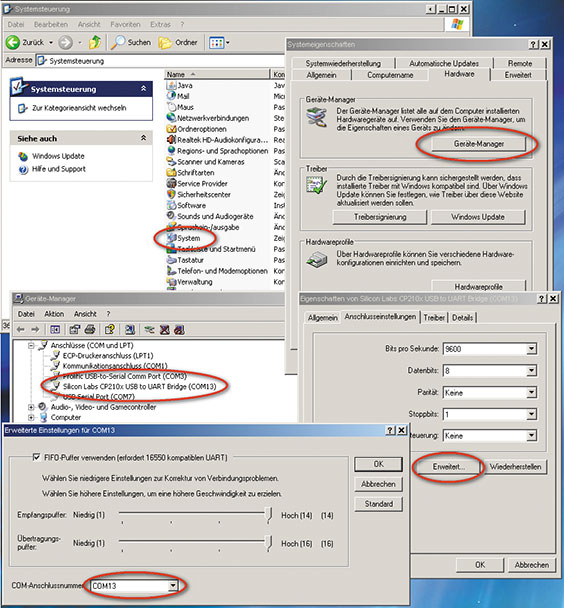 Bild 9: So erfolgt die Kontrolle und ggf. Änderung des zugewiesenen virtuellen COM-Ports unter Windows XP.