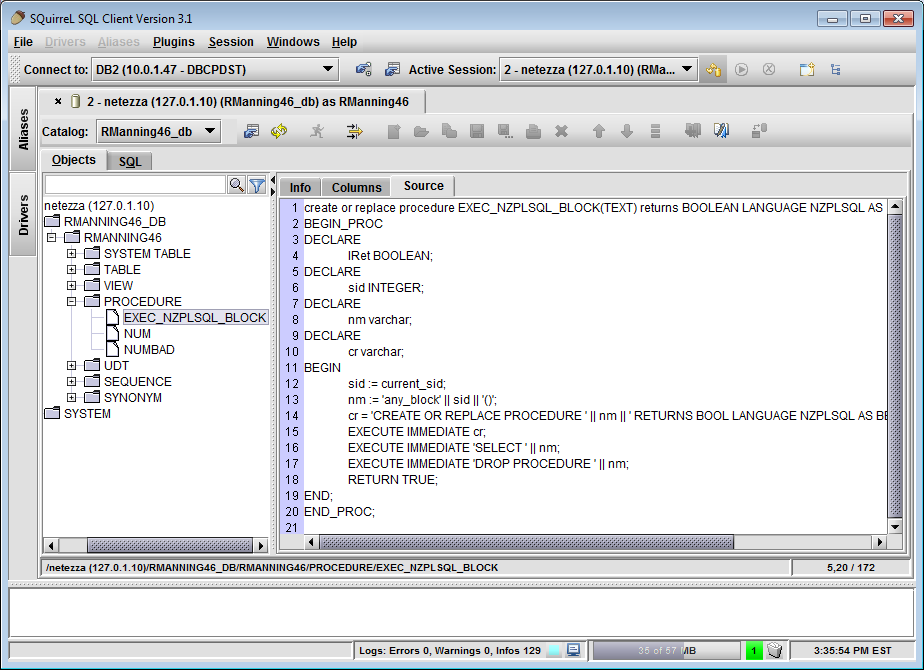 source code for the selected stored procedure