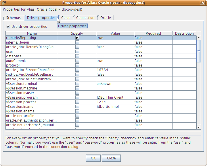 Alias Properties Dialog (Driver Properties Tab)